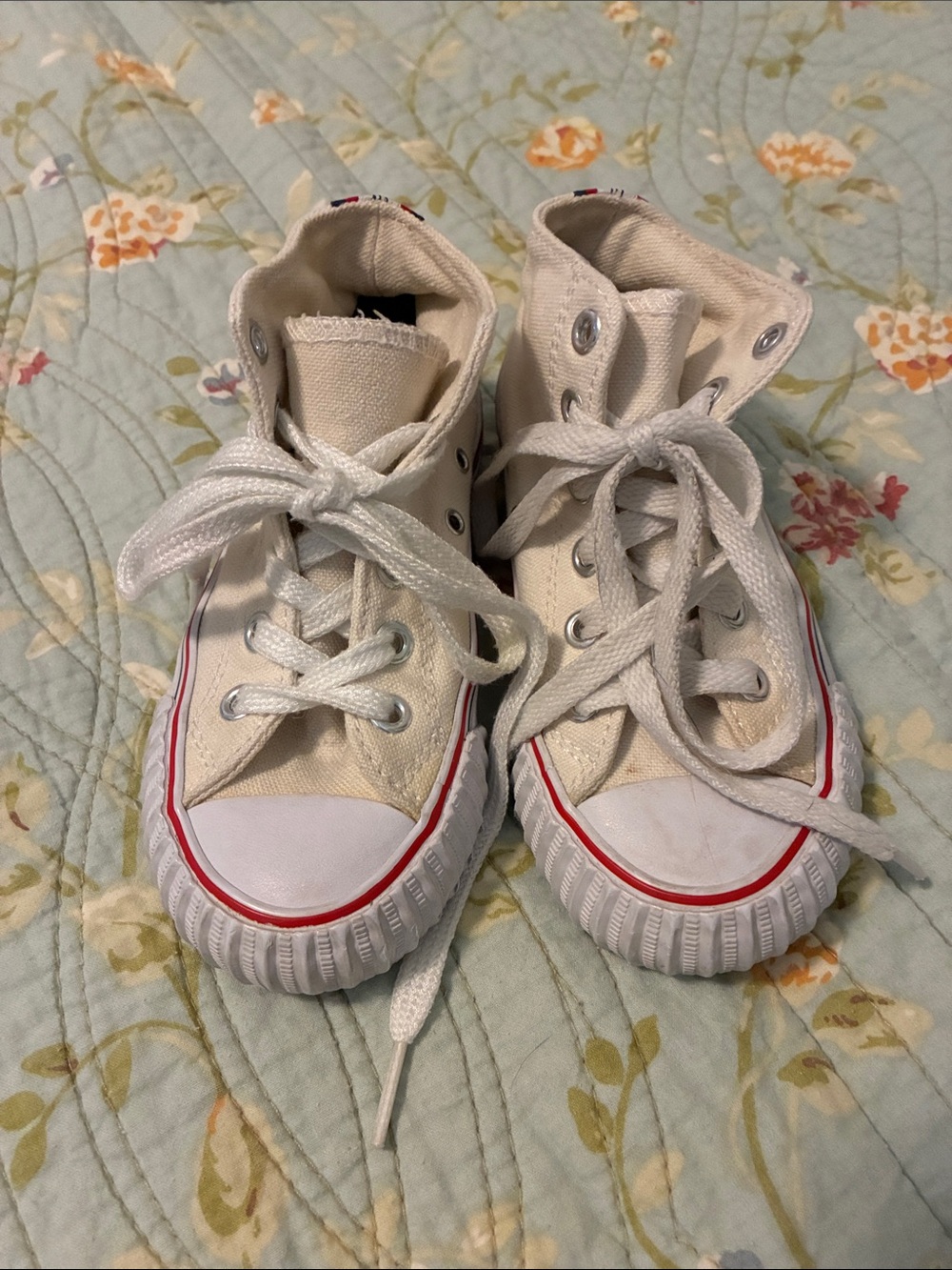 P.F. Flyers Kids High-Top Canvas Sneakers in Off-White with Red Trim
